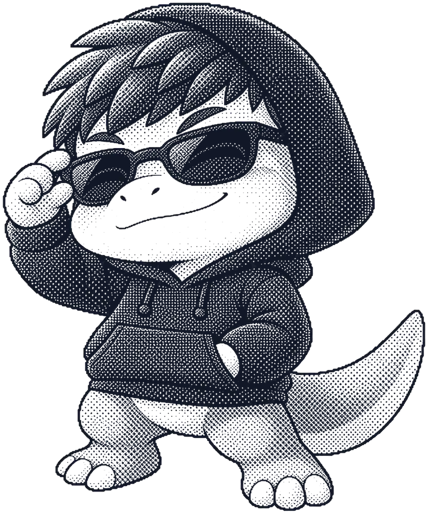 La mascota de CodeOn, un dinosaurio con hoodie que se acomoda los lentes oscuros junto al 37